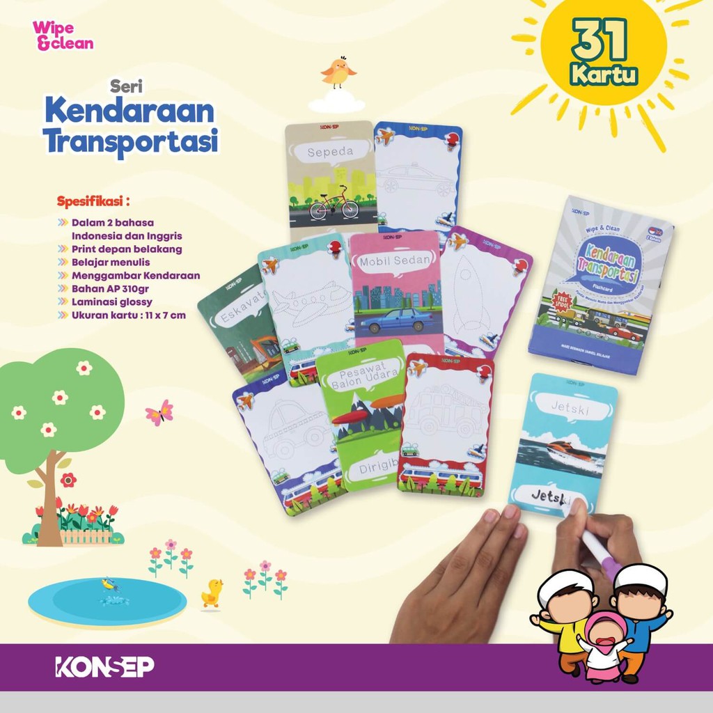 Flash Card Wipe &amp; Clean Kendaraan - Kartu Edukasi Belajar Anak - Konsep Studio Original