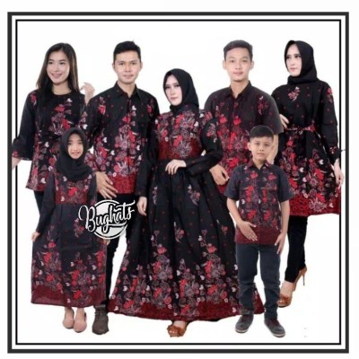 Batik Couple Keluarga - Sania Ruffle Ori Ndoro Jowi Dnt -motif Sakura Merah