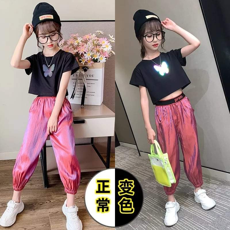 Baju Setelan Crop Top Anak Perempuan Hologram Butterfly