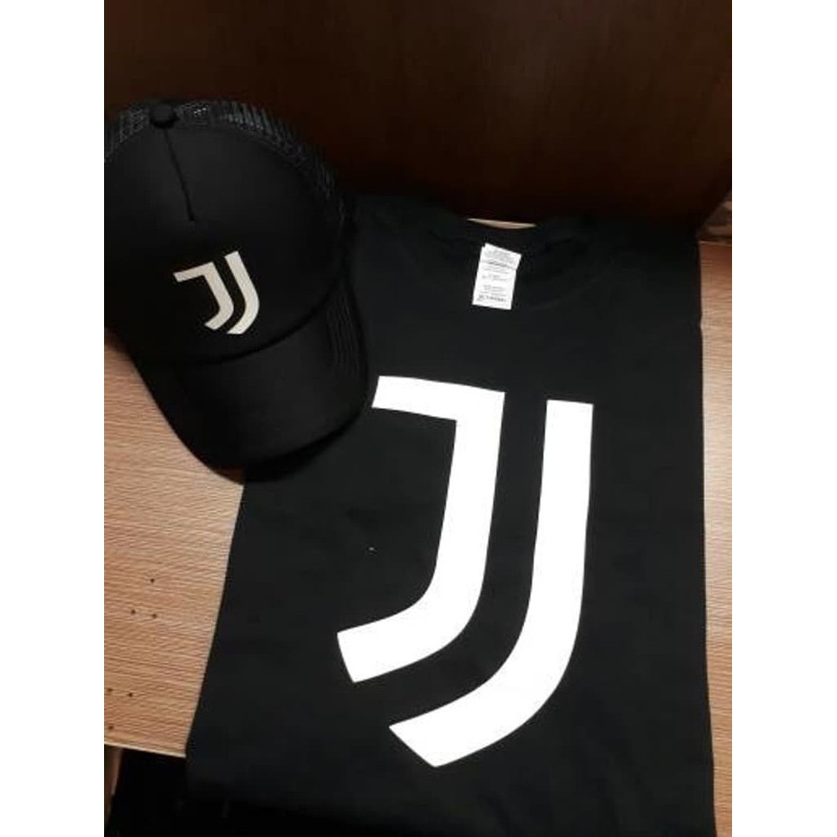 BAJU Kaos Tshirt Distro PAKET BUNDLE TOPI + TSHIRT JUVENTUS Cotton 30s Sablon Polyflex Hitam