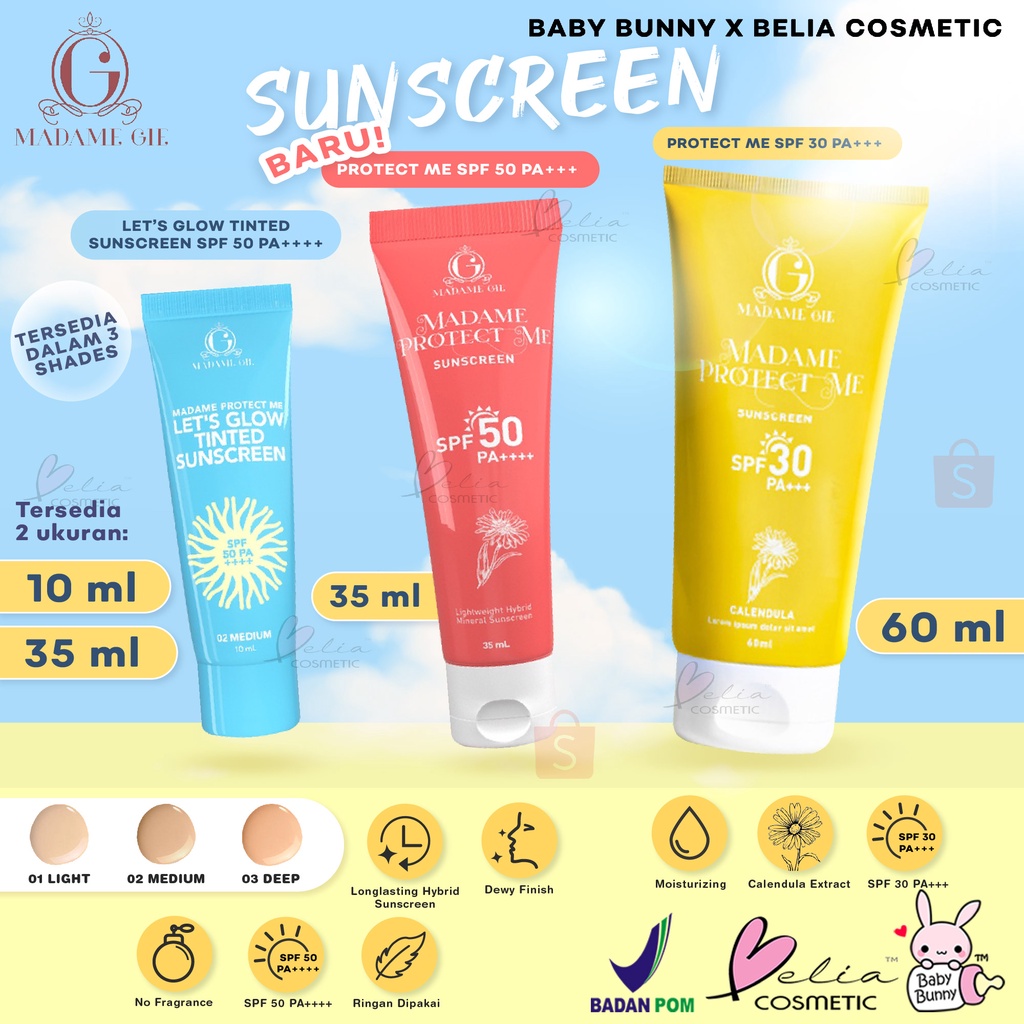 ❤ BELIA ❤ MADAME GIE Protect Me SPF 30 w Aloe Vera 60mL | Protect Me Let's Glow Tinted SPF 50 PA ++++ 10ml | Sunscreen sunblock tabir surya sun block