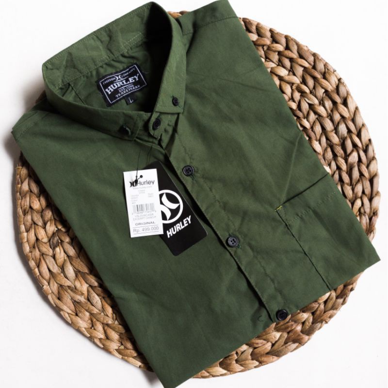 Hurley Kemeja Polos Pria Lengan Pendek Kasual Warna Hijau Army