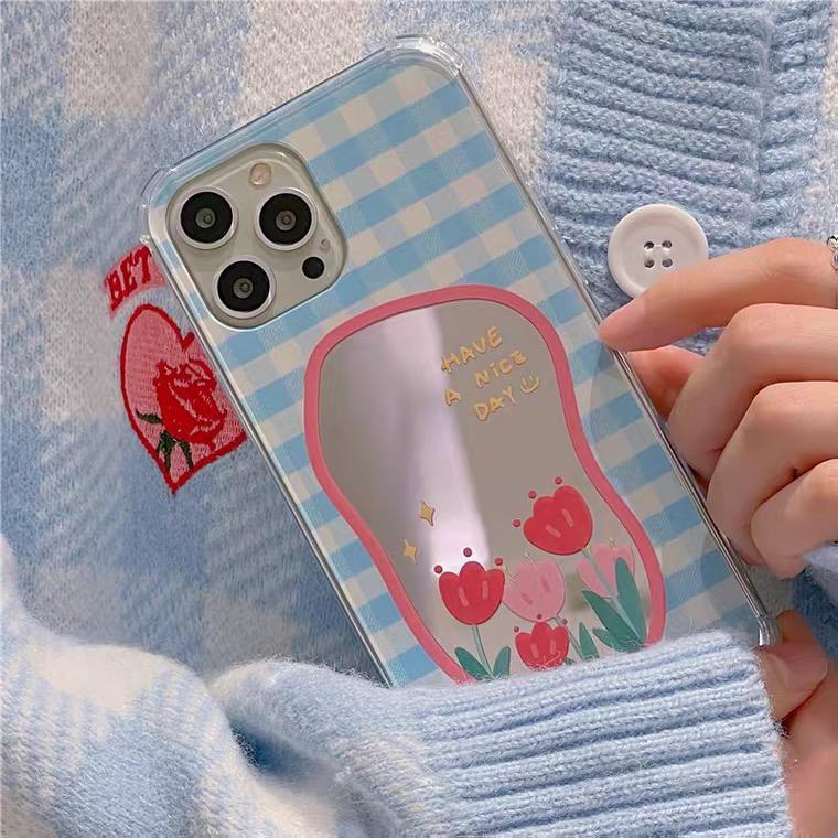 [TPC] Mirror Phone Case BLUE FLOWER FULL COVER IPHONE 6 6S 7 8 PLUS X XS MAX XR 11 12 13 PRO MAX Casing Cermin HP IP027