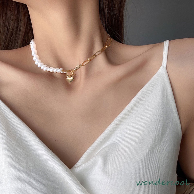 Kalung Rantai Klavikula Hias Liontin Medali Mutiara Gaya Hip Hop-Won