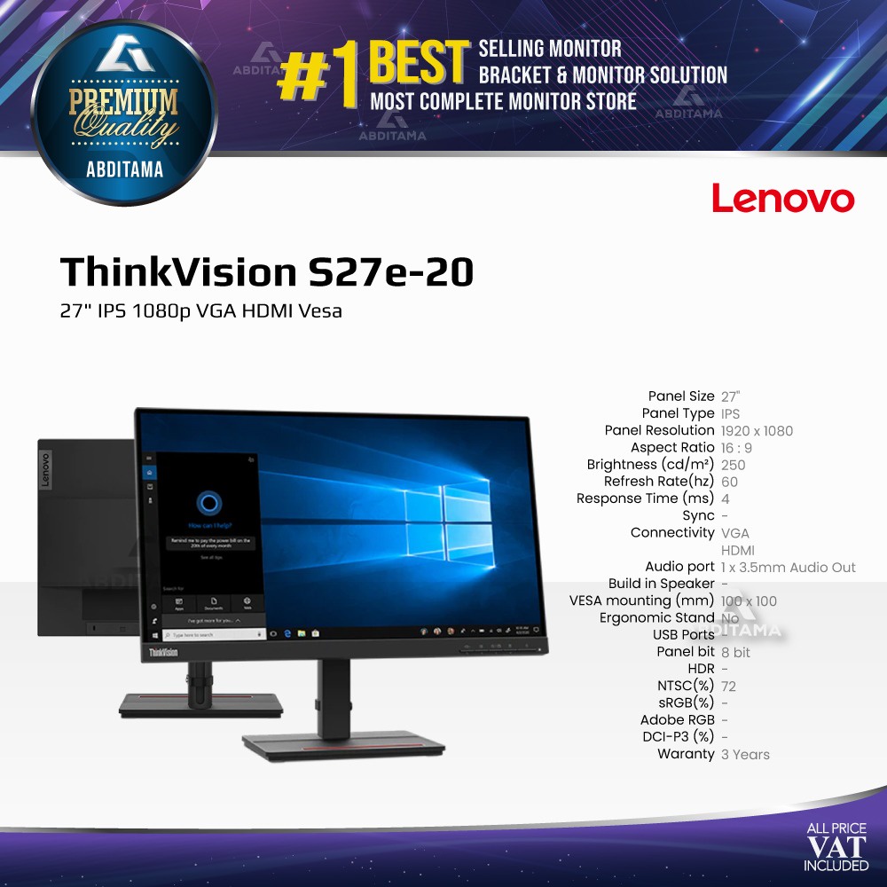Monitor LED Lenovo ThinkVision S27E-20 27&quot; IPS 1080p VGA HDMI Vesa