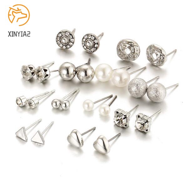 12 Pasang/Set Anting korea Tusuk Model Mutiara Intan Bentuk Bulat Gaya Korea Untuk Wanita Earrings piercing aksesoris wanita-6