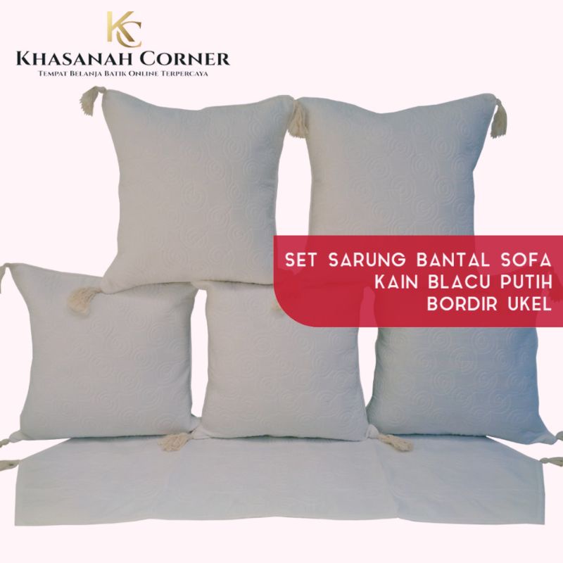 Set Sarung Bantal Kursi/Sofa+Taplak Meja Kain Blacu Warna Putih Kombinasi Bordir Ukel/dekorasi