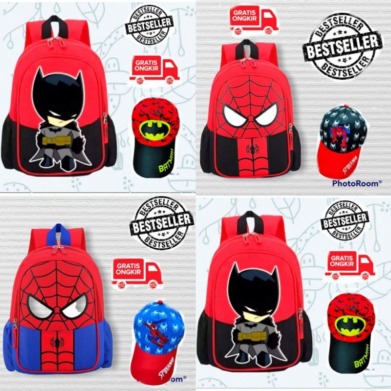 Tas Ransel Anak Sekolah TK-SD Laki-laki Karakter Spiderman Free Topi Bordir