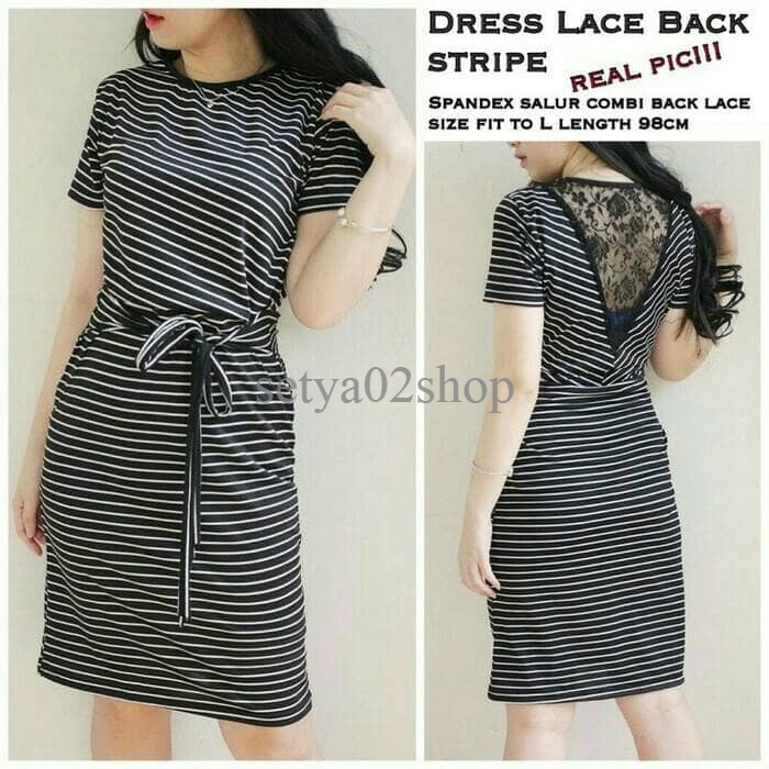 dress midi mini terusan baju wanita santai casual simpel salur stripe