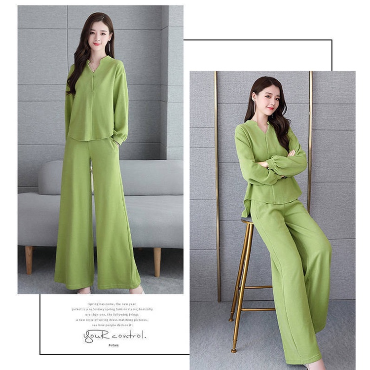 M-3XL Fashion One Set Setelan Wanita Katun Solid Longgar Lengan Panjang V-Neck Blus + Celana Panjang Set