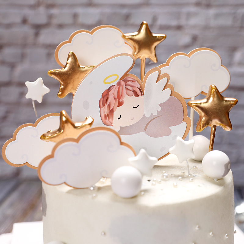 5pcs Topper Kue Desain Angel Moon Baby Dengan Bendera Untuk Dekorasi Pesta Ulang Tahun