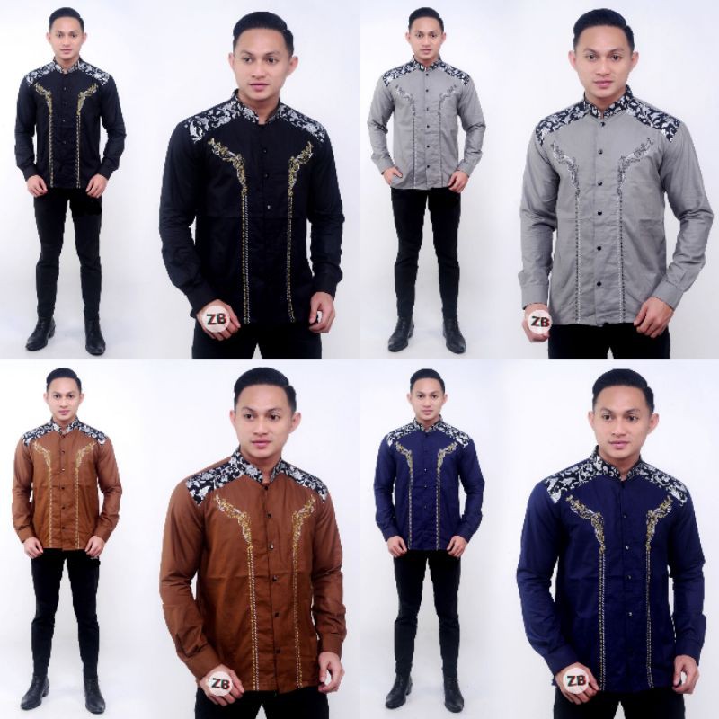 Kemeja Batik Pria Lengan Panjang Kerah Shanghai / Baju Batik Pria Kombinasi Bordir Murah