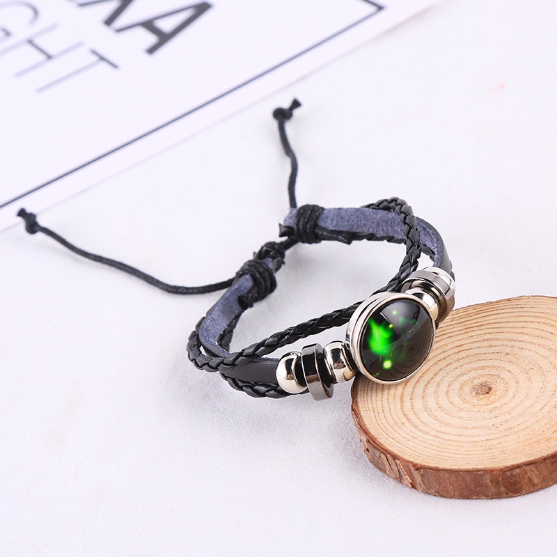 Gelang Bangle Bahan Kulit Desain 12 Zodiak Aksen Manik-Manik Glow In The Dark Untuk Pria