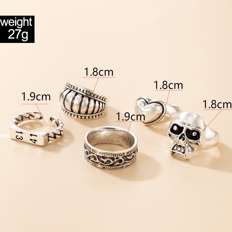 5pcs / set Cincin Desain Tengkorak / Hati / Geometri Vintage Bahan Alloy Warna Silver Untuk Wanita 1314