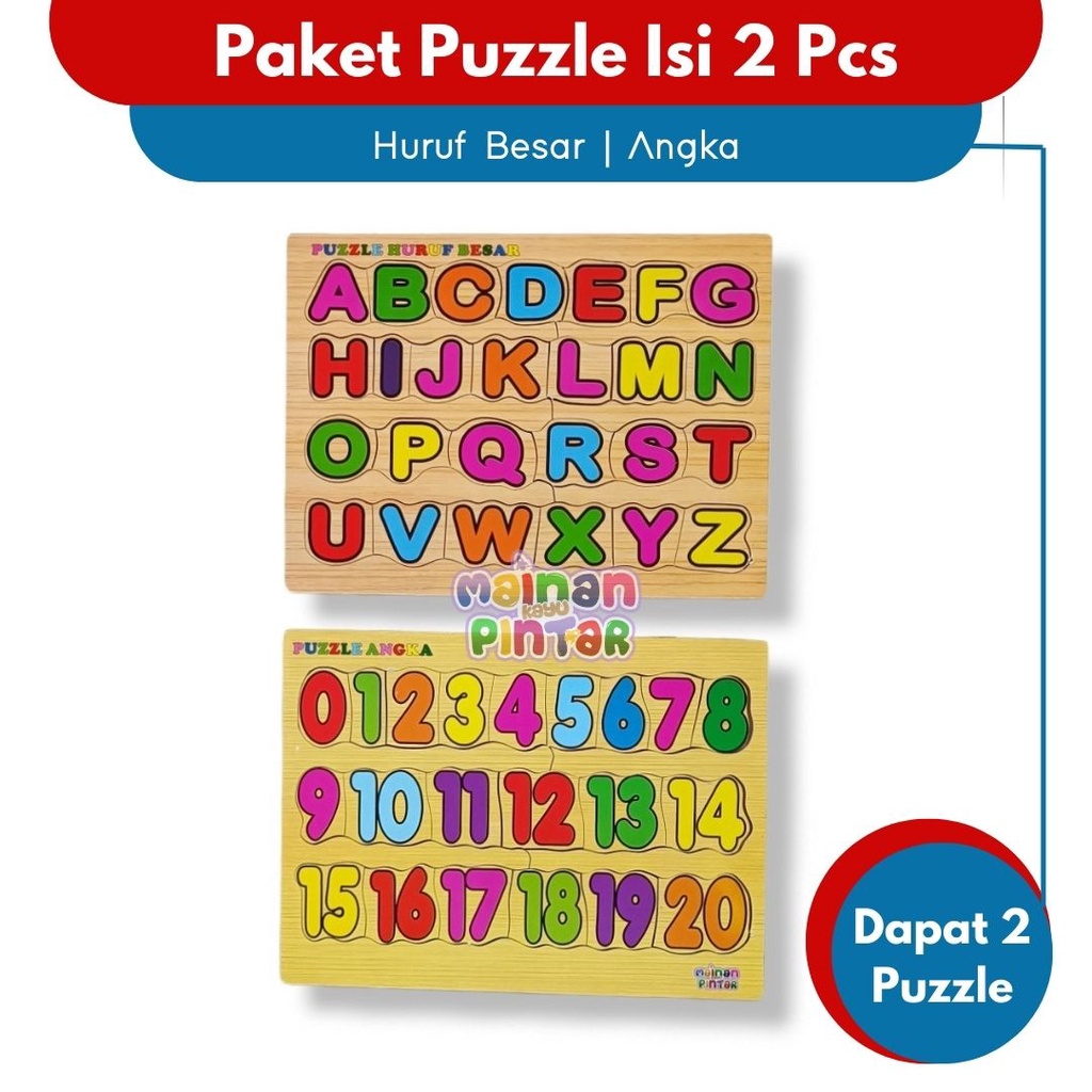 Mainan Edukasi Anak Paket Puzzle Kayu Isi 1/2/3/4 Pcs Huruf Hijaiyah Arab Huruf Besar Kecil Angka 0-20