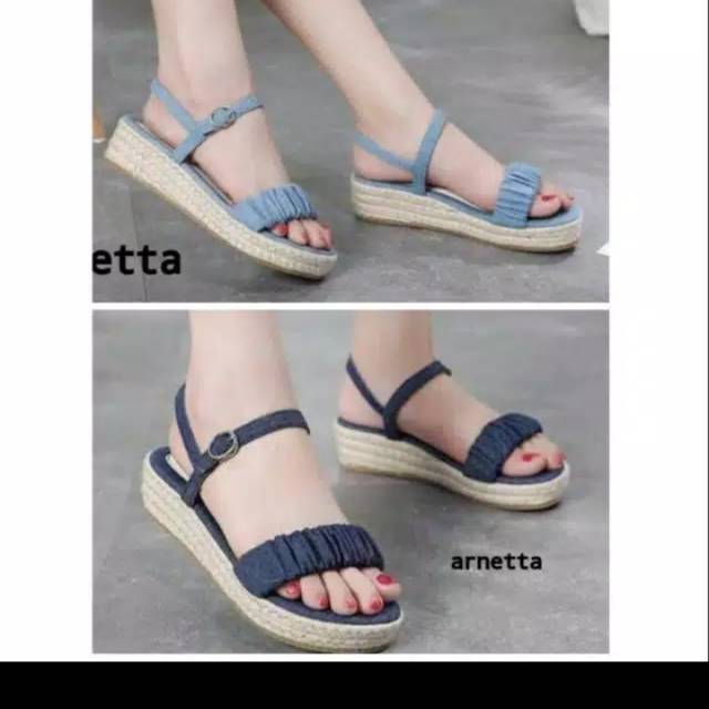Wedges sandal santai wanita levis denim kepang tambang flatform murah datar model gucci import