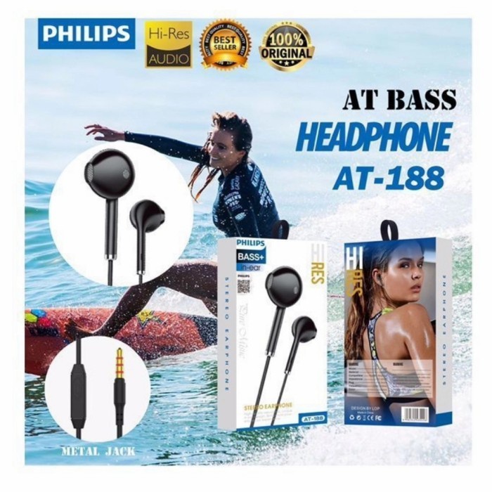 Handsfree Headset Earphone Philips AT-188 Plus Mic Stereo Suara Bagus Grosir