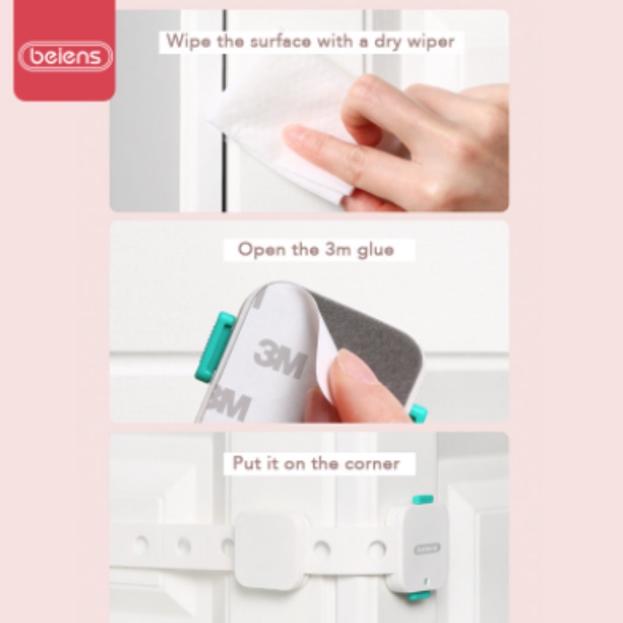 Beiens Baby Safety Lock Kunci Pengaman Bayi Laci Pintu Lemari Kulkas - Putih Pink