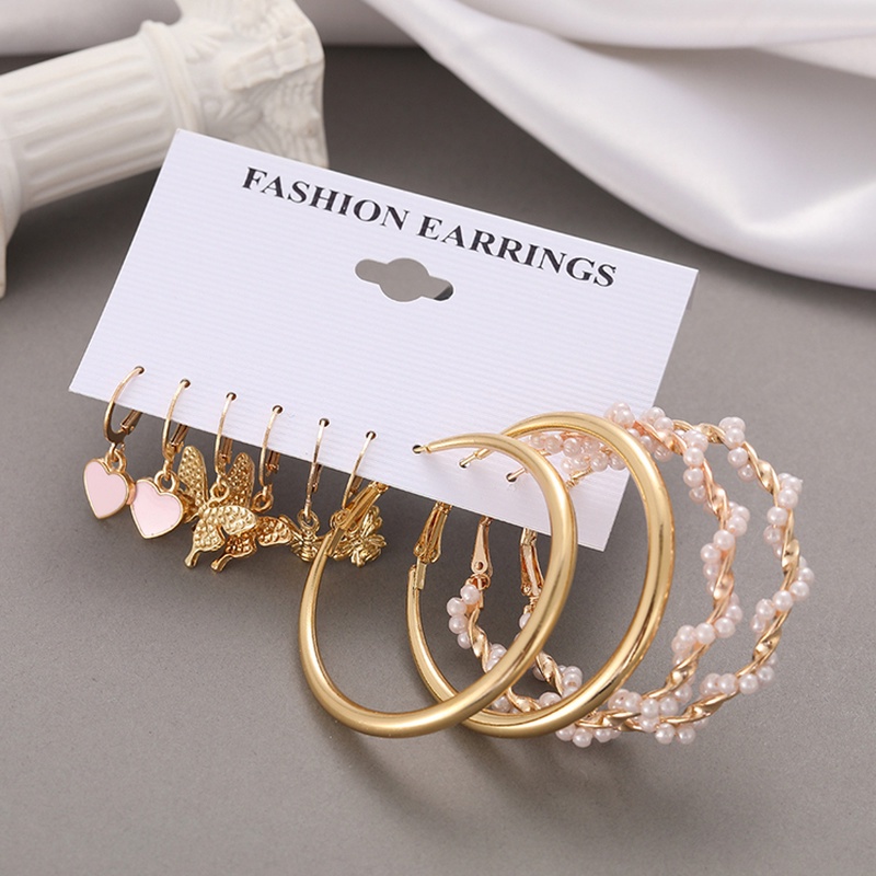 Set Anting Hoop 17km Gold Silver Hias Mutiara Bentuk Hati Butterfly Drop Untuk Aksesoris Perhiasan-23