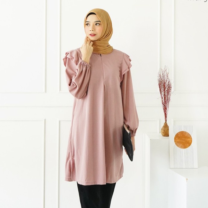 Veya Double Ruffle Tunik - Tunik Muslim Bahu Rempel Lengan Balon Wafel Velvet