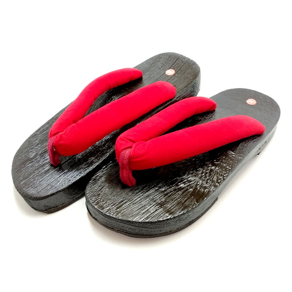 Geta Oval Hitam (Modern) : Solid Red Strap Sandal Kayu Jepang Bakiak