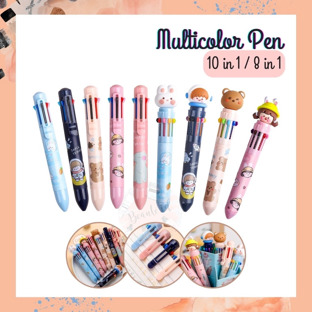 Bulpoin Pena Pulpen Ballpoint Multi Warna Cute Design Multicolor 10 in 1 / 8 in 1 Perlengkapan Menulis Untuk Anak Anak Dewasa Alat Tulis Sekolah Kerja Model Tekan Souvenir Hadiah Model Bear Cute Girl Dino Rabbit Astronaut