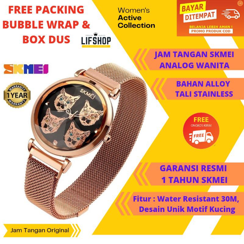 Jam Tangan Wanita SKMEI Analog Original Tali Stainless Magnet Motif Kucing Kekinian