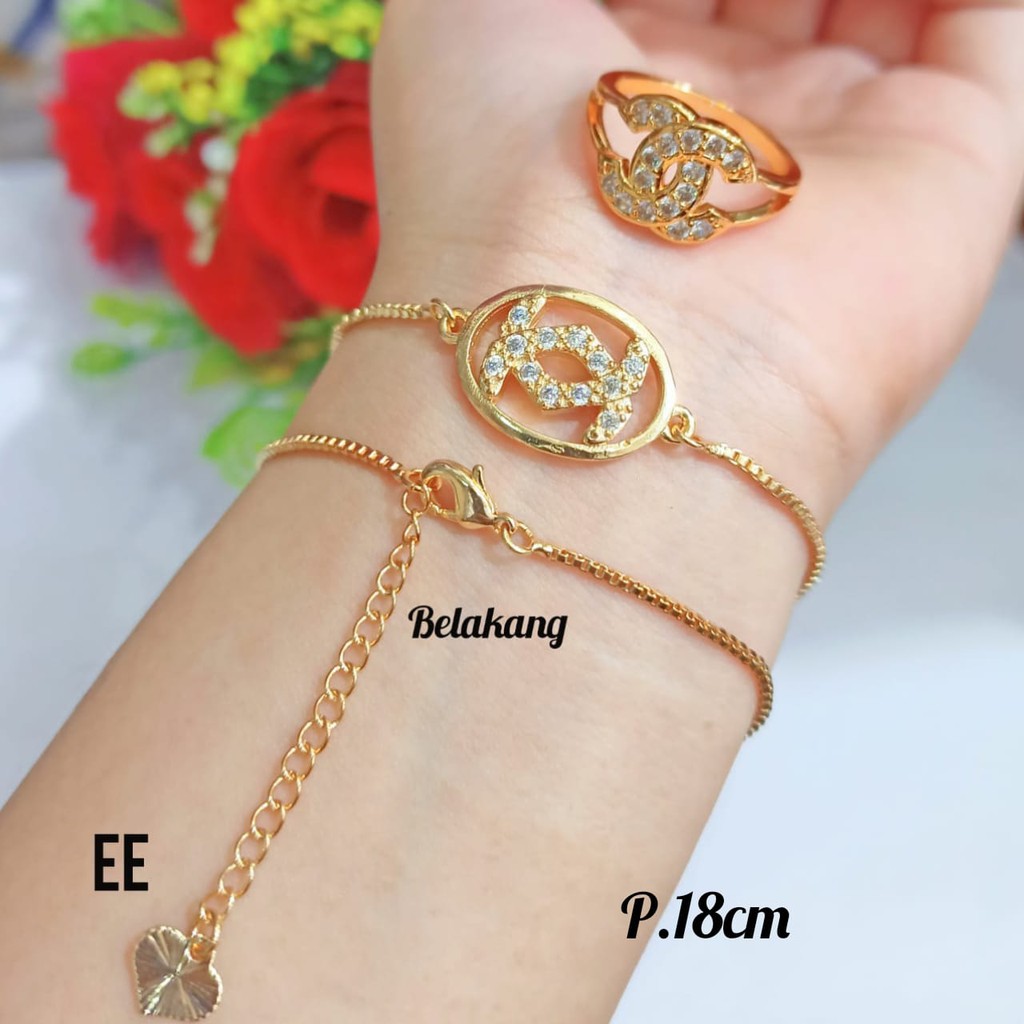 Gelang TITANIUM Rantai itali plat FREE cincin motif full permata zircon,gold tidak karat COD