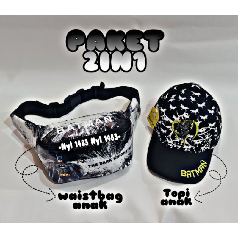 Paket 2in1 Tas Selempang Waistbag anak Laki-laki karakter / free topi anak