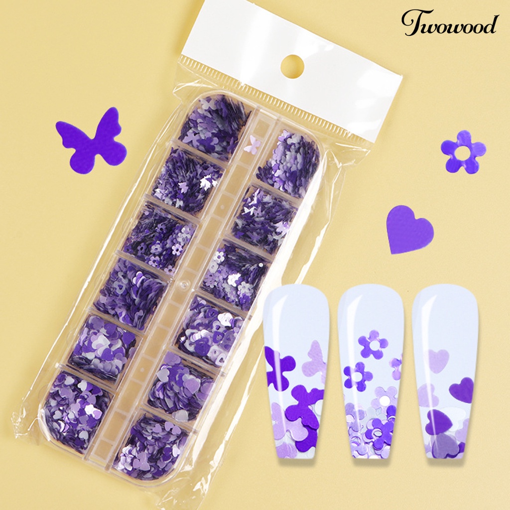 12 Grids Manicure Glitter Ungu Plum Blossom Portable Untuk Dekorasi Kuku Jari Anak Perempuan