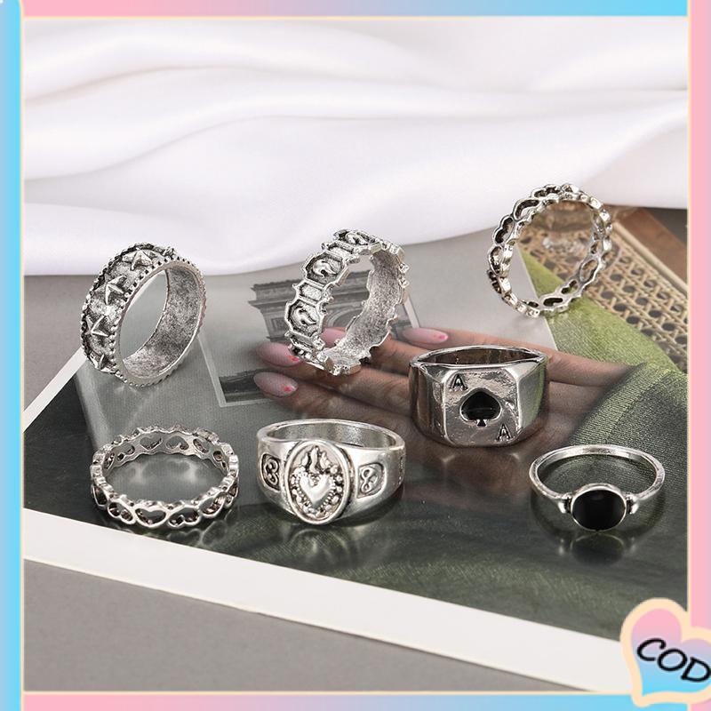 COD❤️ 7 PCS Cincin Set Retro Pria Dan Wanita Vintage Kreatif Fashion Perhiasan Temperamen Suasana Sederhana