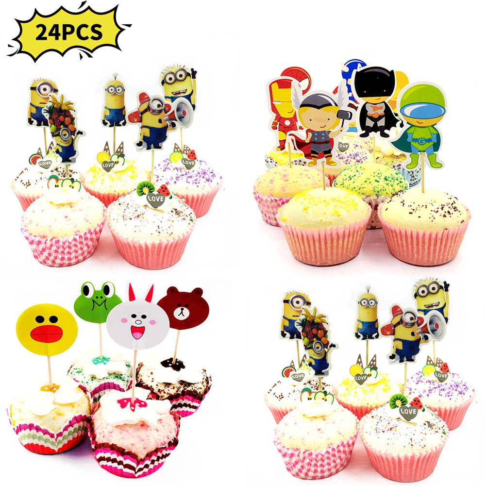 24PCS Lovely Cartoon Pattern Kids Birthday Cupcake Toppers Picks Party Cake Decorating Toothpick Flags Inserted Sign Card