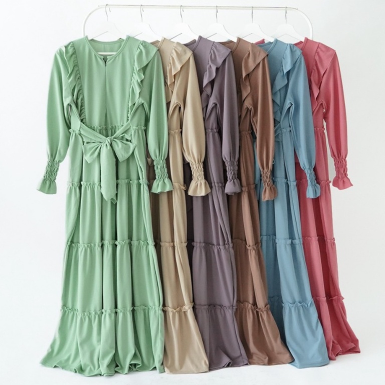 Gamis mayung busui ruffle dada rempel 4 susun (PB 140cm) tali pinggang bahan voxy premium merk cocob