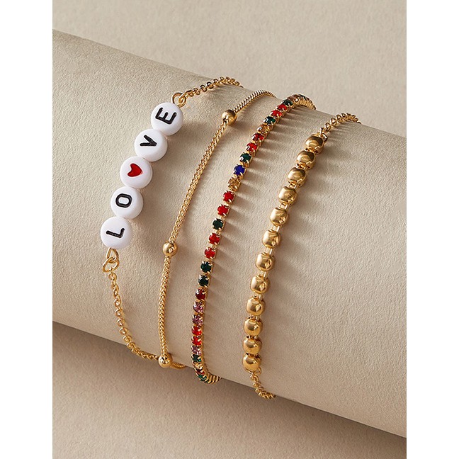 LRC Gelang Tangan Fashion Gold Color Coloren Multilayer Beaded Bracelet With Diamond Letters P08710