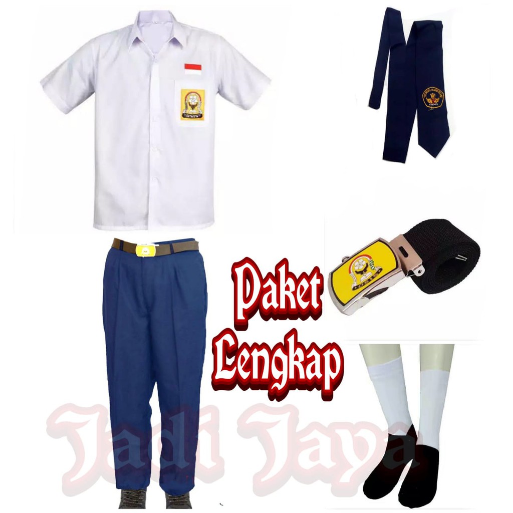 Set Lengkap Seragam Biru Putih SMP Laki Baju Pendek Celana Panjang