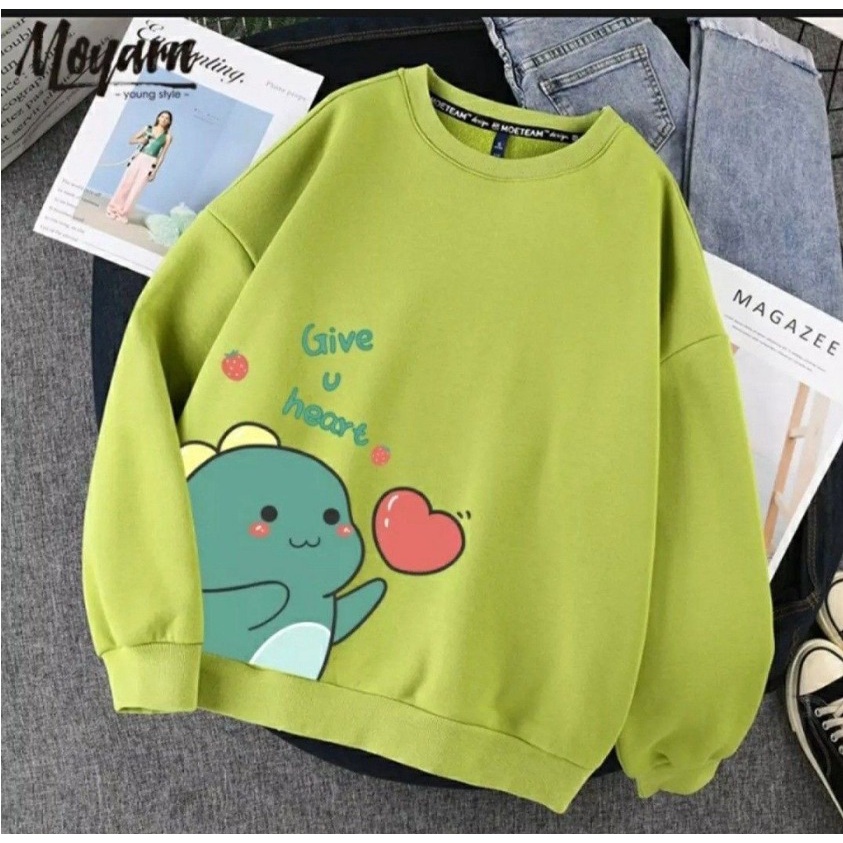 SWEATER WANITA DINO GIVE YOU HEART /// CREWNECK WANITA CUTE PREMIUM FLEECE TEBAL HALUS KEKINIAN TERBARU''