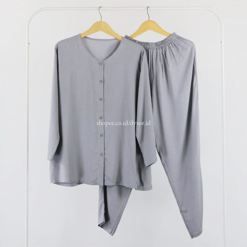 (PIYAMA POLOS) PIYAMA RAYON PAJAMAS RAYON SET BAJU WANITA VIRAL ELEGAN MURAH-GREY