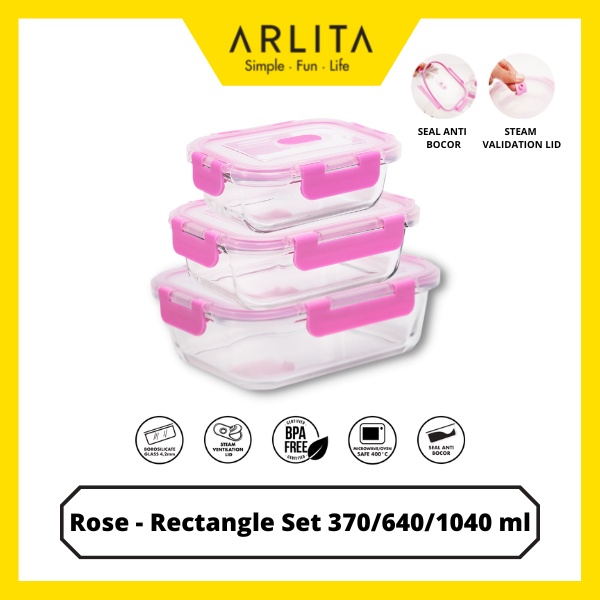 ARLITA ROSE SET - RECTANGLE - GLASS CONTAINER SET ISI 3