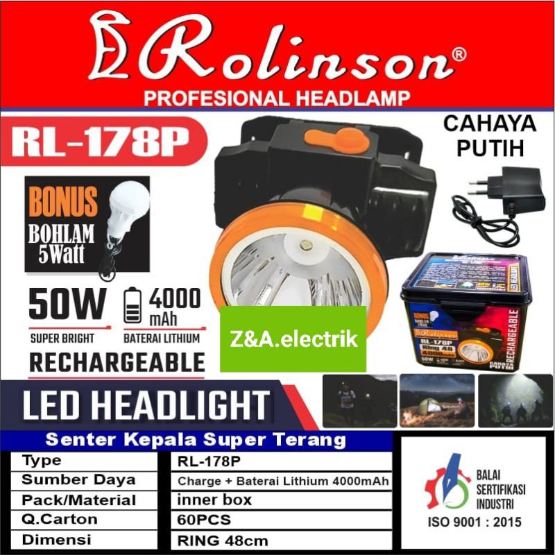 Senter Kepala LED RL-178P + bohlam 5W Head Lamp Cahaya Putih ROLINSON