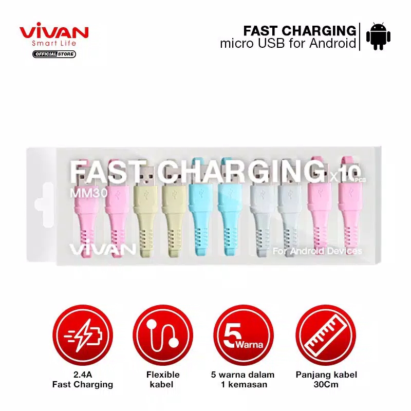 Vivan MM30 Kabel USB Micro Data Fast Charging Original 2.4A Android 30cm