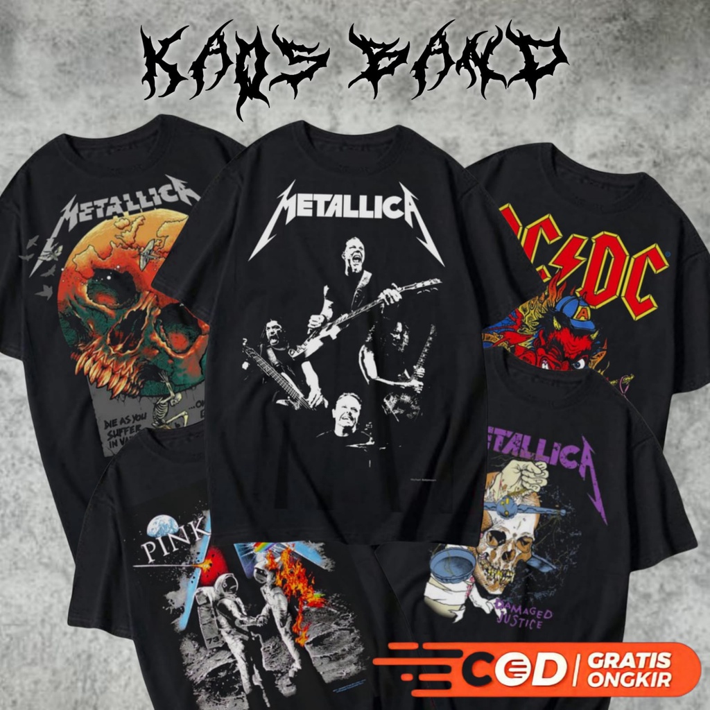 baju kaos motif band metalica acdc jepang distro japan keren astetik estetik astetic hitam cotton co