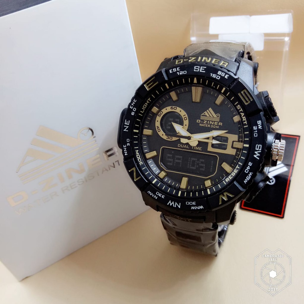 D-Ziner 8140 - Jam Tangan Pria Anti Air (Hitam Series) - Dual Time - Rantai Stainless - Original