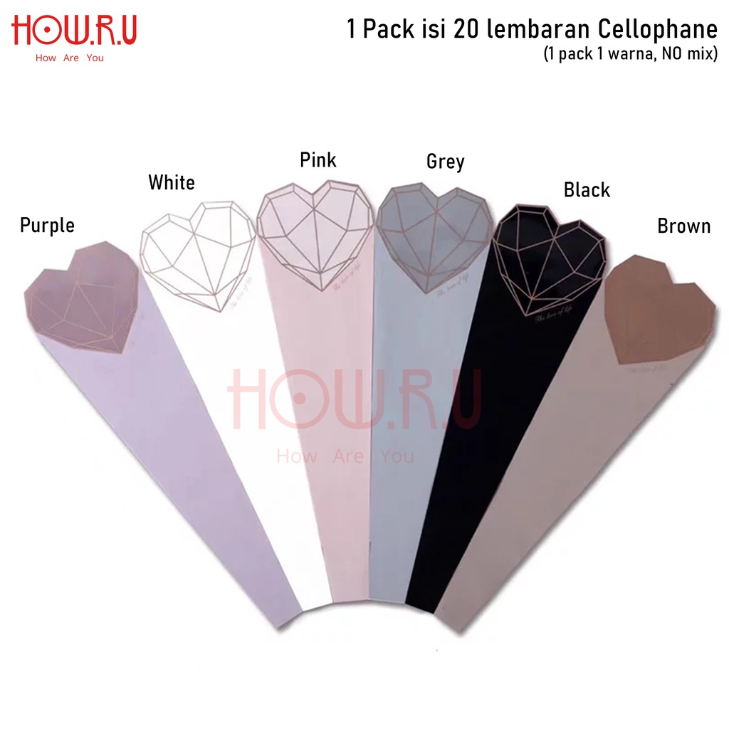 HOW.R.U | 20pcs - Kertas Buket Bunga Single Cellophane Flower Wrapping Model Corong Bentuk Hati