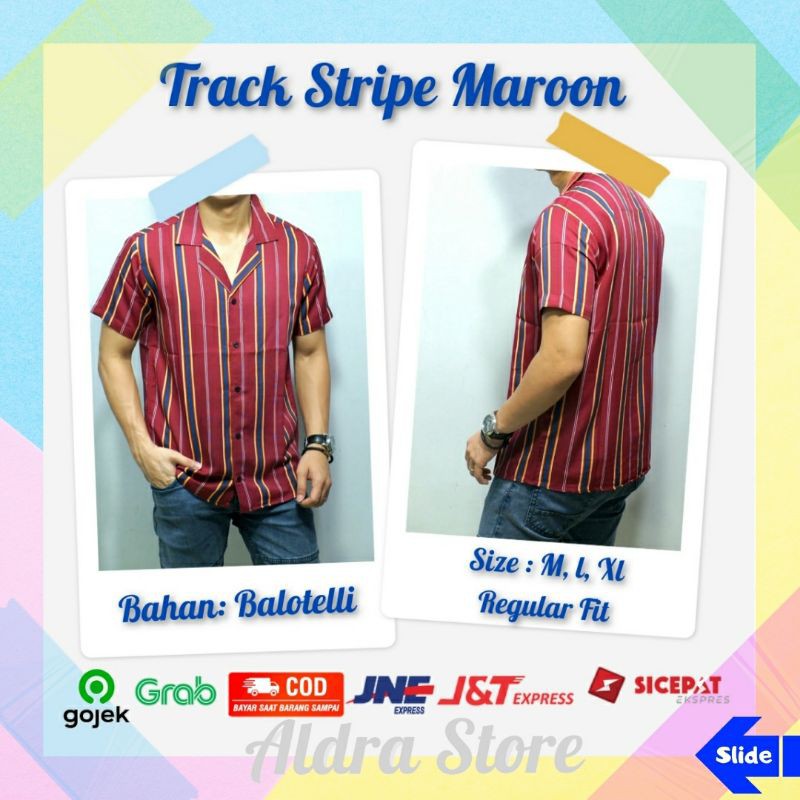 Kemeja Casual Motif Salur Garis Garis Stripe Pria Lengan Pendek Merah Maroon