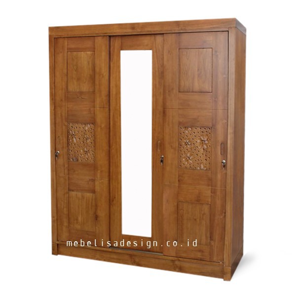 Lemari Pakaian Minimalis Jati 3pintu sliding cermin kaca