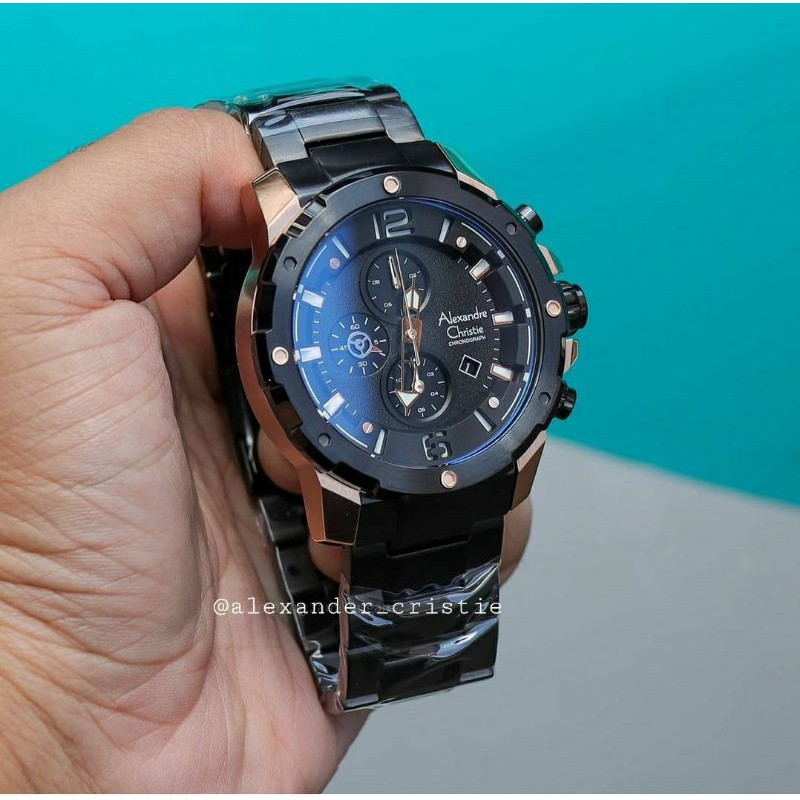 ORIGINAL GARANSI RESMI JAM TANGAN PRIA ALEXANDRE CHRISTIE BLACK ROSEGOLD RANTAI STAINLESS STEEL ARLO