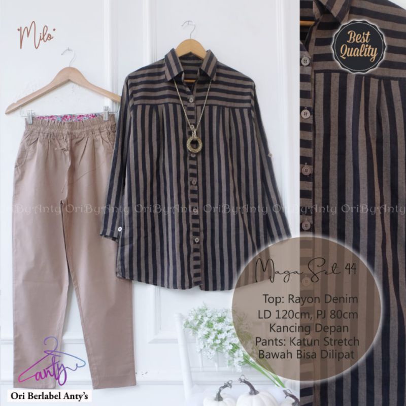 Setelan Kemeja Wanita Maga #44 Set Motif Garis Bahan Rayon Denim Ukuran Jumbo LD 120 Original Antys
