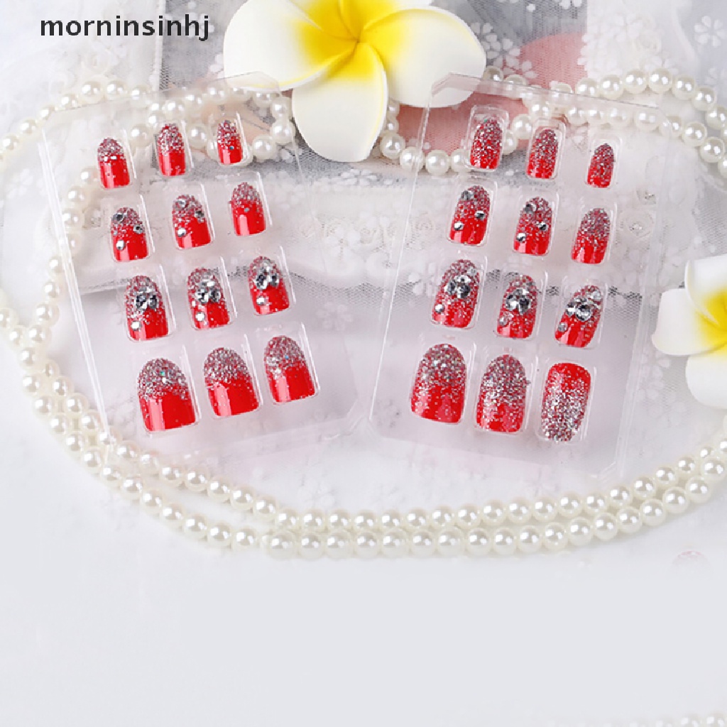 Mornin 24pcs Kuku Palsu Akrilik Uv Gel Warna Merah