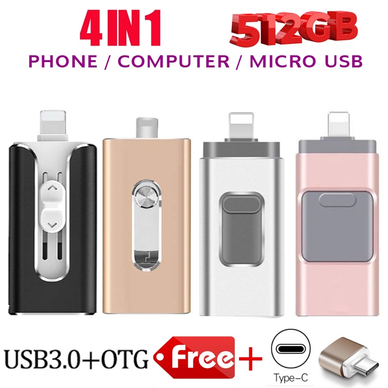 4 in 1 OTG USB Flash Drive Penyimpanan 512GB Pendrive Eksternal Bahan Metal Untuk Iphone