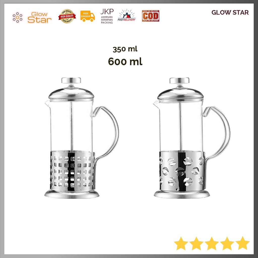 French Press Coffee Maker Pot Bean Pattern 350ml/600ml - KG72I - Kopi pres Silver